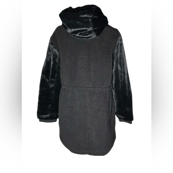 NEW Eden Society Sherpa Black Coat, Faux Fur Sleeves & Hood, Zipper, Pockets, M - Picture 4 of 16